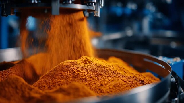 Automated system dispenses vibrant orange spice powder into a metal vessel, highlighting robust industrial design and food safety.
