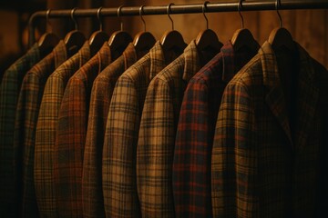 Obraz premium Several plaid vintage jackets hanging side by side on a clothing rack, retro fabrics, warm shop lighting, cinematic composition, stylish interior.
