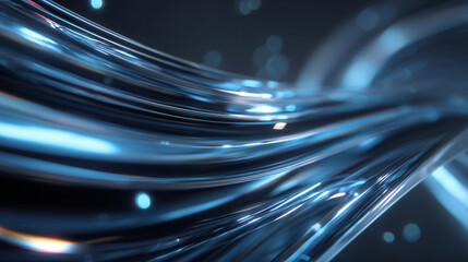 Abstract rendering of twisted blue chrome tubes with bokeh lights in the background art design