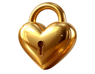 3D Render of Luxury Gold Heart Lock on Transparent Background