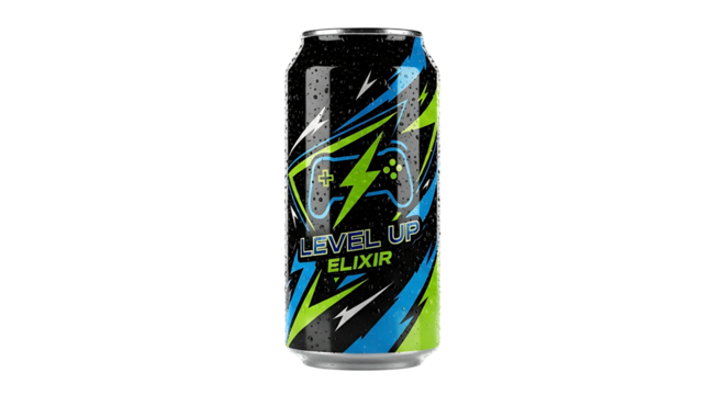 Level Up Elixir Energy Drink Can on White Background.