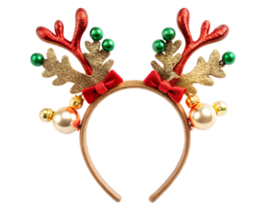 Festive reindeer antler headband with bells and bows for christmas and holiday celebrations isolated on transparent background