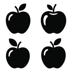 Set of four black apple silhouettes with stems and leaves symbolizing fresh fruit and healthy eating silhouette