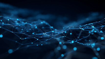 Obraz premium A digital network with interconnected nodes and lines in shades of blue against a dark background
