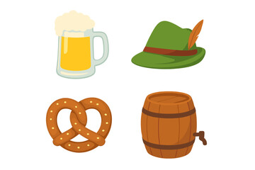 Oktoberfest icon set vector illustration. German beer festival collection with pretzel, beer mug, hat, and barrel. Traditional Bavarian symbols for bar or pub menu design.