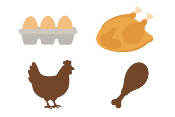 Chicken and poultry products vector icon set. Flat illustrations of farm food: fresh eggs in a carton, a whole roasted chicken, a hen, and a drumstick. Isolated food symbols.