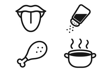 Food and cooking black line icons set. Isolated vector taste and product symbols collection. Features tongue for flavor, salt shaker for seasoning, chicken leg, and hot soup pot.