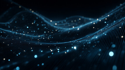 Fototapeta premium A dark blue abstract background with glowing particles and wavy lines in a digital landscape