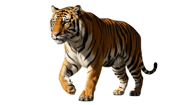 Majestic Tiger Walking with Confidence on White Background.
