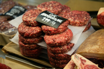 Cuts of organic meat for sale at the Saluhall food market in Malmo, Sweden.