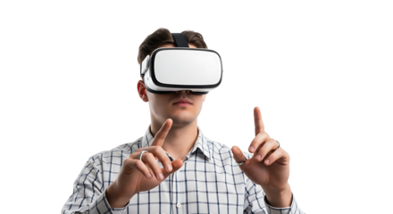 Man wearing virtual reality headset interacting with digital world.