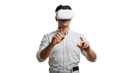 Man wearing virtual reality headset interacting with a digital interface.