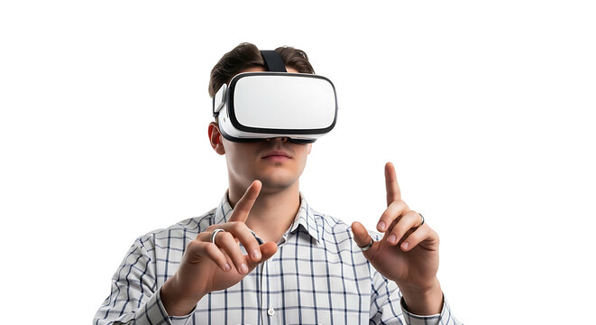 Man wearing virtual reality headset interacting with digital world.