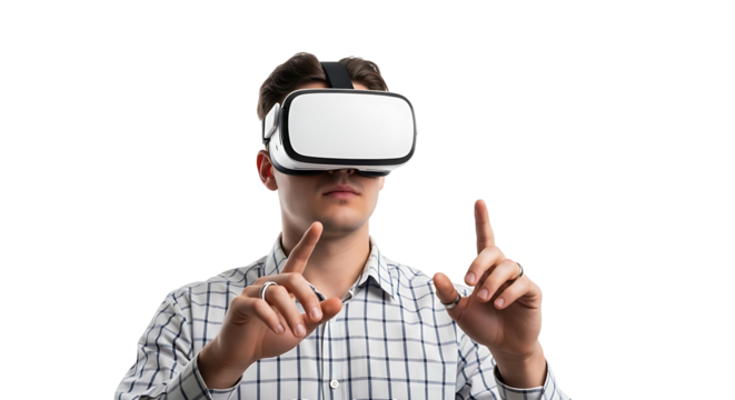 Man wearing virtual reality headset interacting with digital world.