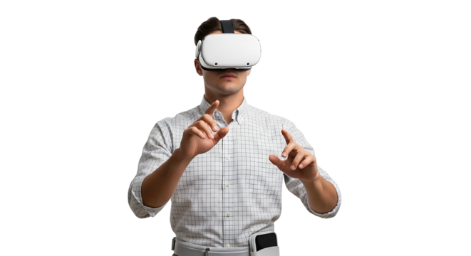 Man wearing virtual reality headset interacting with a digital interface.
