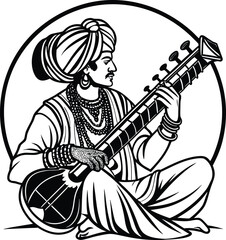 Man playing sitar instrument in traditional Indian attire