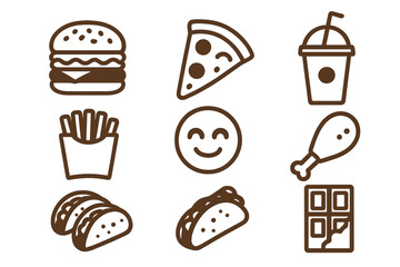 Vector collection of isolated fast food and yummy snack icons. Simple line art symbols for burger, pizza, fries, soda, chicken leg, taco and chocolate. Outline graphic set.