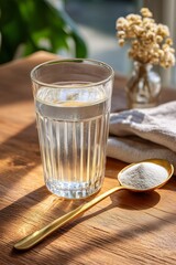 Glass of water with collagen powder and golden spoon on wooden table, natural daylight, elegant food styling, health and wellness concept, vertical composition