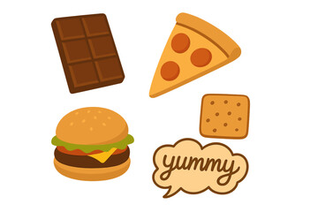 Fast food vector icon set. Yummy junk food collection. Isolated graphic elements. Pizza slice, burger, chocolate bar, and cracker illustration. Snack and meal design concept.