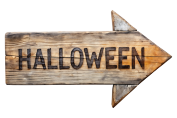 Rustic Wooden Halloween Arrow Sign Pointing Right Isolated on Transparent Background