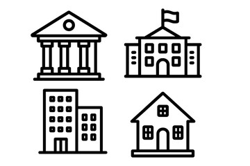 Fototapeta premium Building icon set. Line art vector collection of municipal and city architecture. Symbols for bank, school, office, and home. Real estate, government, finance, education concepts.