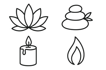 Spa relaxation and wellness line icon set. Vector symbols of lotus, zen stones, candle, and flame. For meditation, yoga, harmony, and balance concepts. Isolated graphic elements.