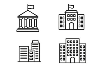 Obraz premium Building icon set vector line art. Government, university, school, office center symbols. Municipal architecture, courthouse, and real estate icons for web and mobile design.