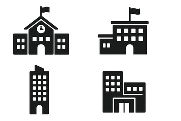 Fototapeta premium Building icon set vector. School, university, courthouse, government building glyph. City hall, office center, skyscraper silhouette. Municipal architecture for web and mobile.
