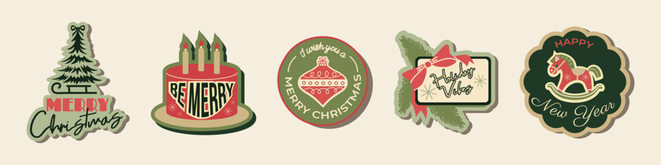 Vintage Christmas logo set. Hand drawn New Year lettering and holiday doodle design. Festive typographic template for greeting cards, posters, invitations, and cozy winter decor. Vector illustration.