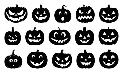 Obraz premium PNG Spooky Halloween pumpkin face silhouettes, element set on transparent background