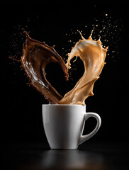 A white coffee cup with splashes of brown and milk forming a heart in the air — a symbol of warmth, love, and morning coziness. Against a dark background, the droplets stand out vividly, emphasizing 