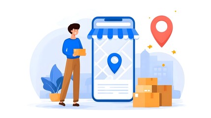 Man tracking package delivery via mobile app in a digital city illust n