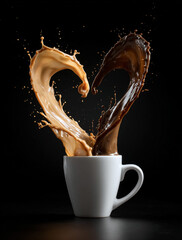 A white coffee cup with splashes of brown and milk forming a heart in the air — a symbol of warmth, love, and morning coziness. Against a dark background, the droplets stand out vividly, emphasizing 
