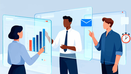 Business team analyzing data on digital screens