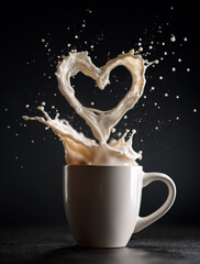 A white coffee cup with splashes of brown and milk forming a heart in the air — a symbol of warmth, love, and morning coziness. Against a dark background, the droplets stand out vividly, emphasizing 