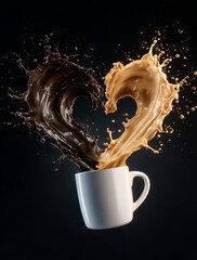 A white coffee cup with splashes of brown and milk forming a heart in the air — a symbol of warmth, love, and morning coziness. Against a dark background, the droplets stand out vividly, emphasizing 