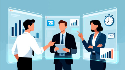 Business team collaborating with digital interfaces