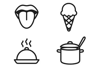 Food and cooking icon set. Vector line icons for taste, flavor, restaurant menu. Includes tongue, ice cream, hot dish cloche, and soup pot. Simple symbols for culinary logo.