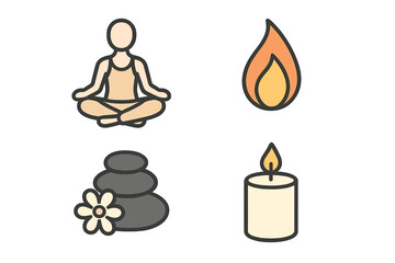 Vector icon set for relaxation and meditation. Yoga lotus pose, zen stones, candle light, and flame. Wellness, spa, and mindfulness symbols for graphic design. Calm and harmony.