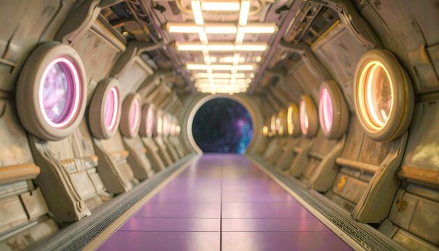 Futuristic spaceship corridor with glowing lights - Powered by Adobe
