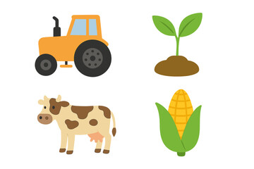 Farming and agriculture icon set isolated on white. Vector flat illustration of farm life elements. Tractor, dairy cow, corn crop, plant sprout for breeding & cultivation.