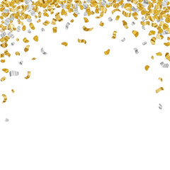 Falling gold and silver confetti celebration party decoration elements for new year's eve, birthday, anniversary, and festive events isolated on transparent background