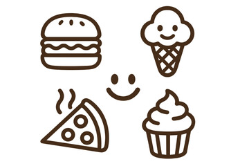 Vector illustration food icon set. Yummy logo collection for restaurant, cafe. Minimal outline design of burger, pizza, ice cream, cupcake. Happy fast food and dessert symbols.