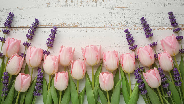 Pink Tulips and Lavender on White Wooden Background