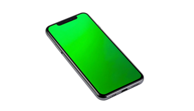 Modern smartphone with a vibrant green screen on a white background.