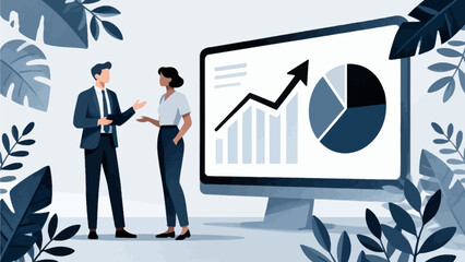 Business people discussing data charts on screen