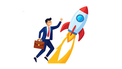 Businessman Launching a Rocket Achieving Success and Growth.