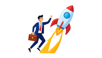 Businessman Launching a Rocket Achieving Success and Growth.