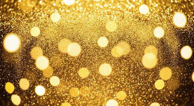 Golden Shimmering Glitter Background with Festive Bokeh Lights for Celebrations and Luxury Designs. Sparkling Gold Texture with Defocused Elements.