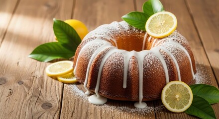 lemon cake, bundt cake, fresh lemon slices, wooden table, rustic background, high quality, detailed, sharp focus, realistic
